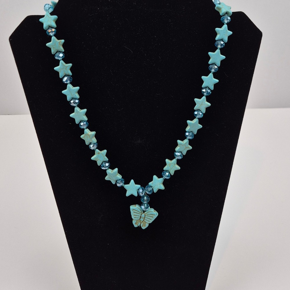 Y2K Whimsigoth Faux Turquoise Beaded‎ Necklace 21" Butterfly Star Pendant